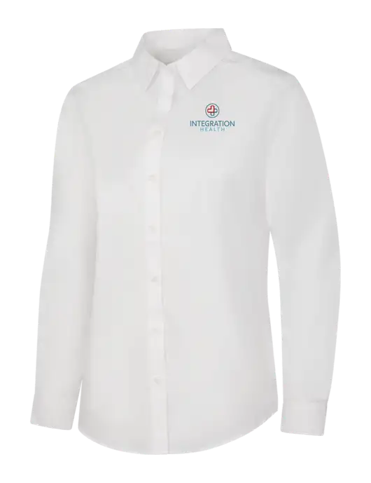 Womens White Long Sleeve Carefree Poplin Shirt w/Integration Health Logo