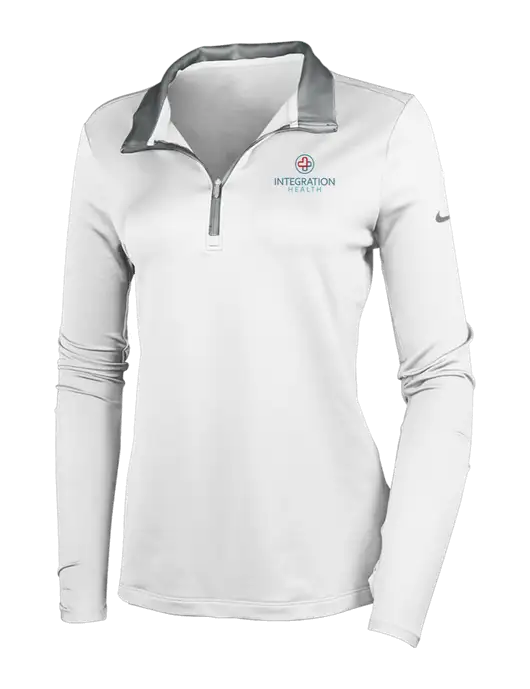 NIKE White/Dark Grey Womens Dry-Fit Stretch 1/2 Zip Cover-Up w/Integration Health Logo