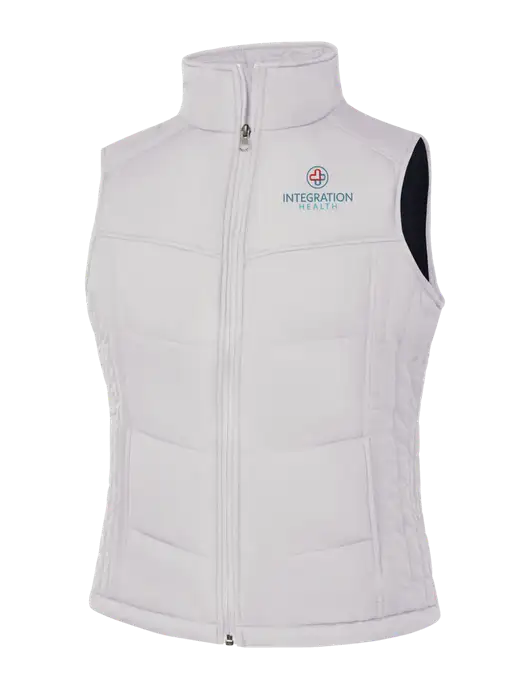 Womens White/Dark Slate Puffy Vest w/Integration Health Logo