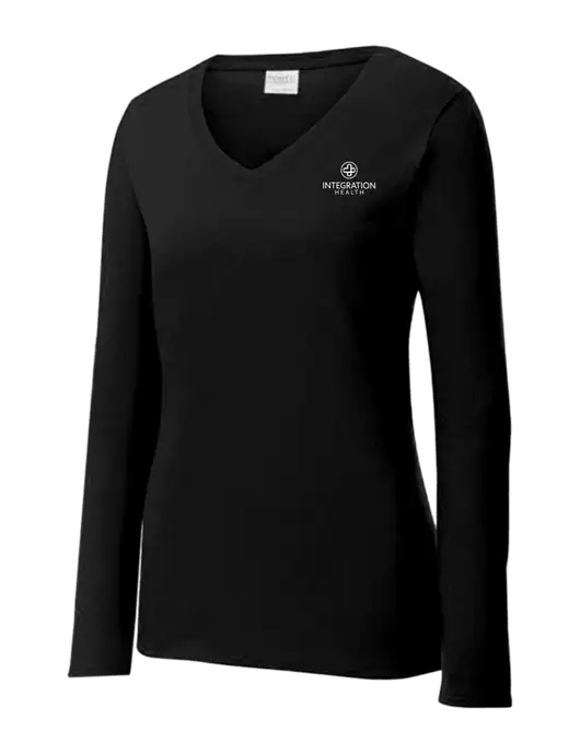 Womens V-Neck Ring Spun Jet Black 4.5 oz Long Sleeve T-Shirt w/Integration Health Logo