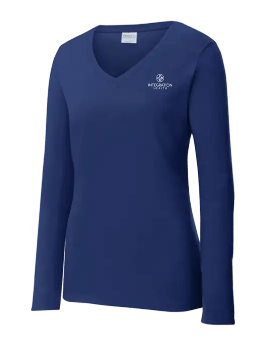 Womens  V-Neck Ring Spun Navy 4.5 oz Long Sleeve T-Shirt w/Integration Health Logo