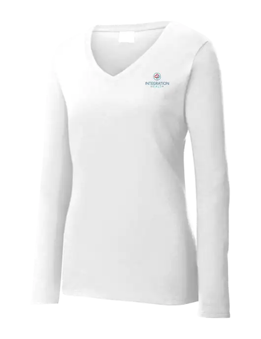 Womens  V-Neck Ring Spun White 4.5 oz Long Sleeve T-Shirt w/Integration Health Logo
