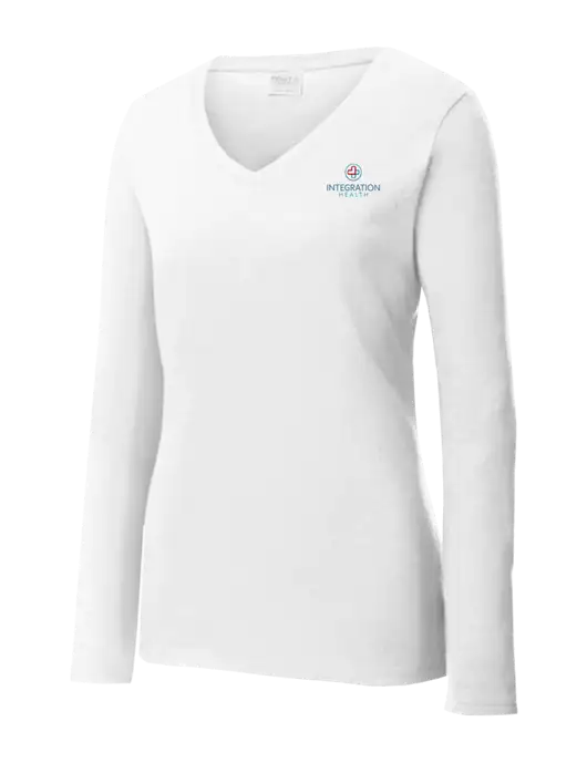 Womens  V-Neck Ring Spun White 4.5 oz Long Sleeve T-Shirt w/Integration Health Logo