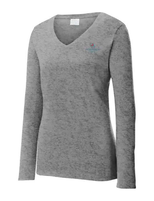 Womens  V-Neck Ring Spun Grey Heather 4.5 oz Long Sleeve T-Shirt w/Integration Health Logo