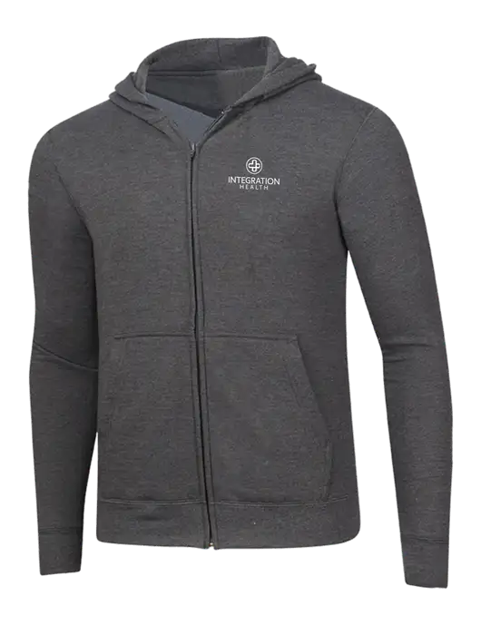 Dark Heather Grey 8.5 oz Ring Spun Zip Hooded Sweatshirt w/Integration Health Logo