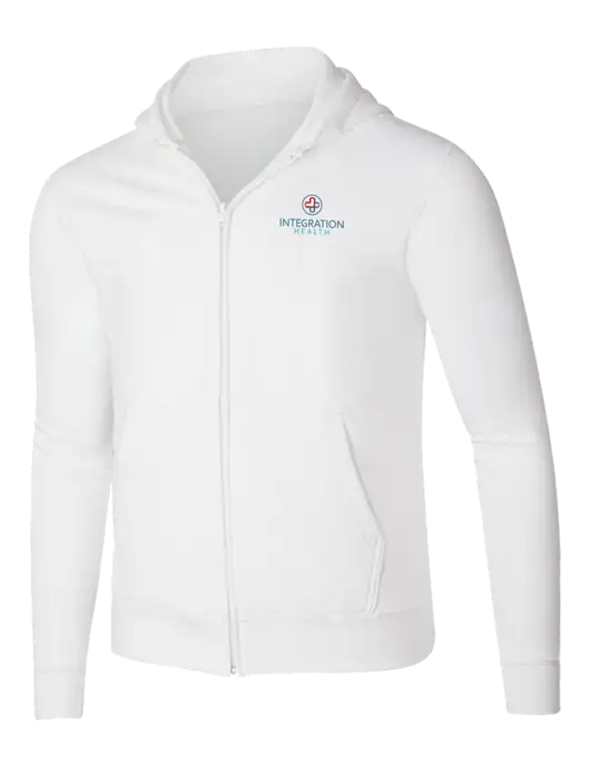 White 8.5 oz Ring Spun Zip Hooded Sweatshirt w/Integration Health Logo