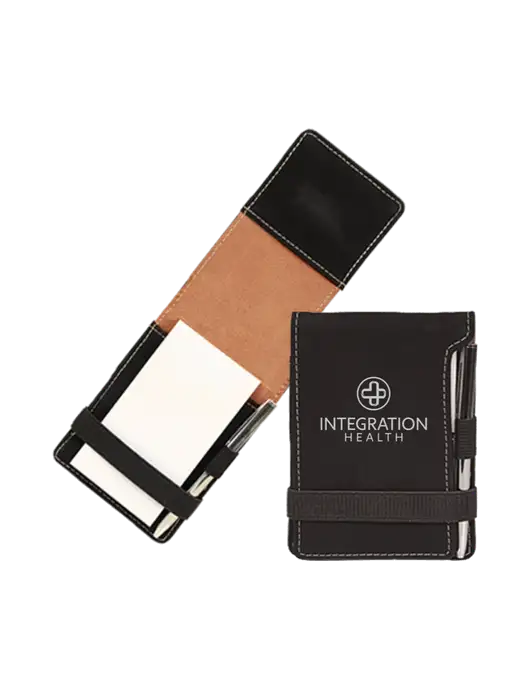 Black Leatherette Mini Notepad with Pen,  3.25 x 4.75 w/Integration Health Logo