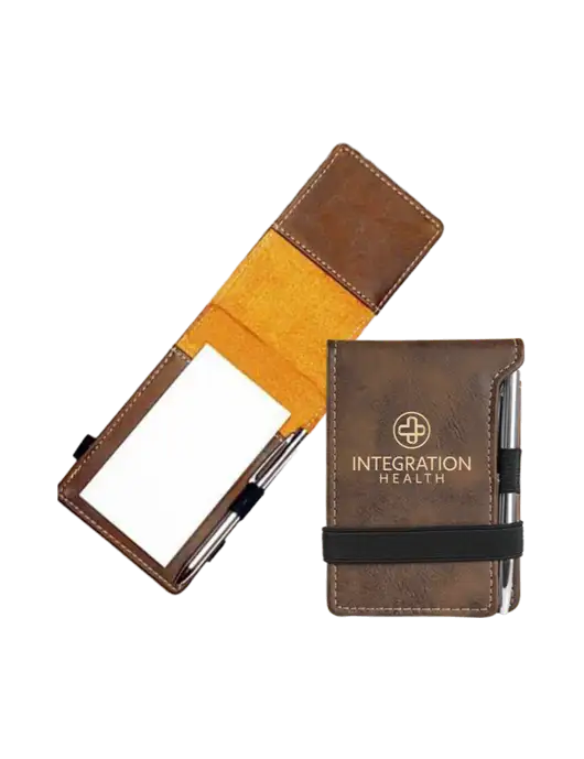 Rustic Leatherette Mini Notepad w/Pen, 3.25 x 4.75 w/Integration Health Logo