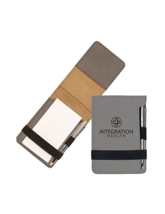 Grey Leatherette Mini Notepad with Pen,  3.25 x 4.75 w/Integration Health Logo