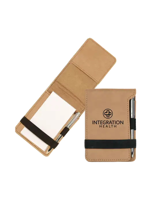 Tan Leatherette Mini Notepad with Pen,  3.25 x 4.75 w/Integration Health Logo