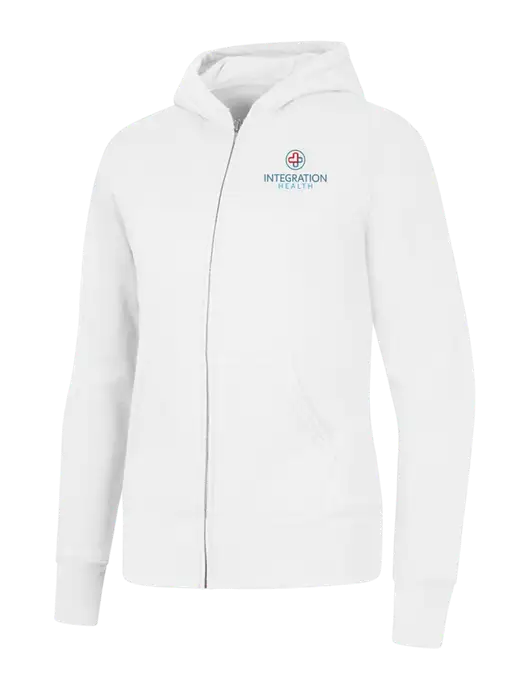 White Womens Core Fleece Full-Zip Hooded Sweatshirt w/Integration Health Logo