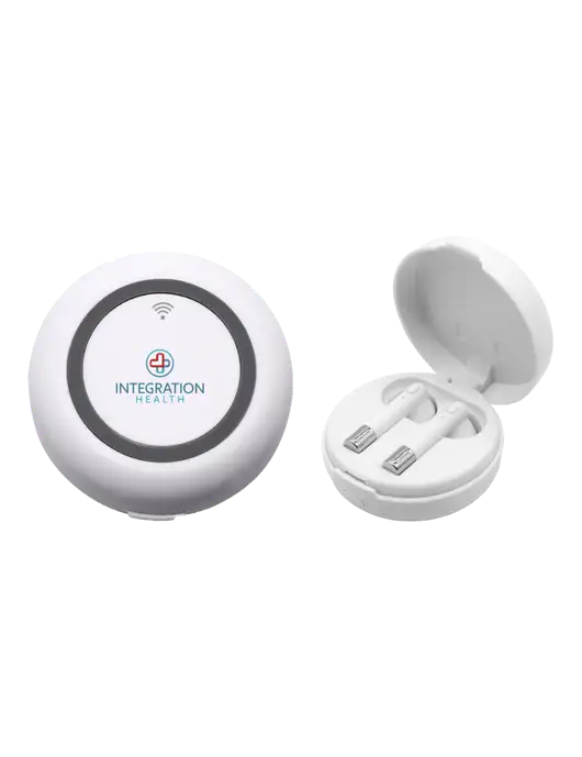 Harmony White Wireless Earbuds and Charging Pad w/Integration Health Logo