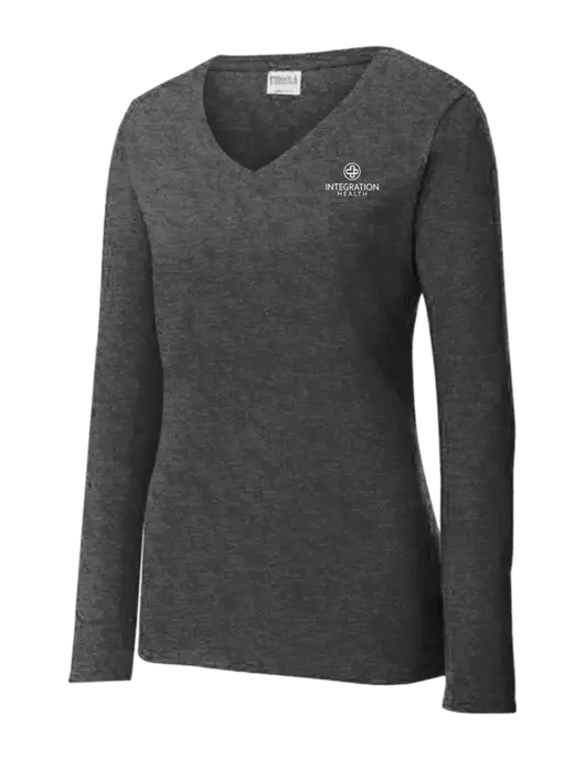 Womens  V-Neck Ring Spun Dark Heather Grey 4.5 oz Long Sleeve T-Shirt w/Integration Health Logo