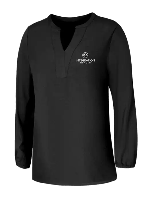 Mercer+Mettle Womens Deep Black Stretch Crepe 3/4 Sleeve Blouse w/Integration Health Logo