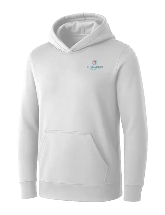 Womens White Core Fleece Pullover Hooded Sweatshirt w/Integration Health Logo