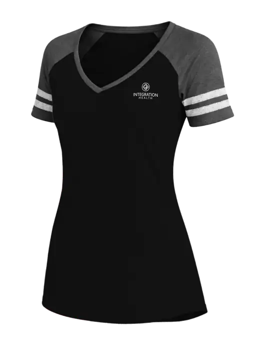 Womens Black/Charcoal Heather V-Neck Game Tee w/Integration Health Logo