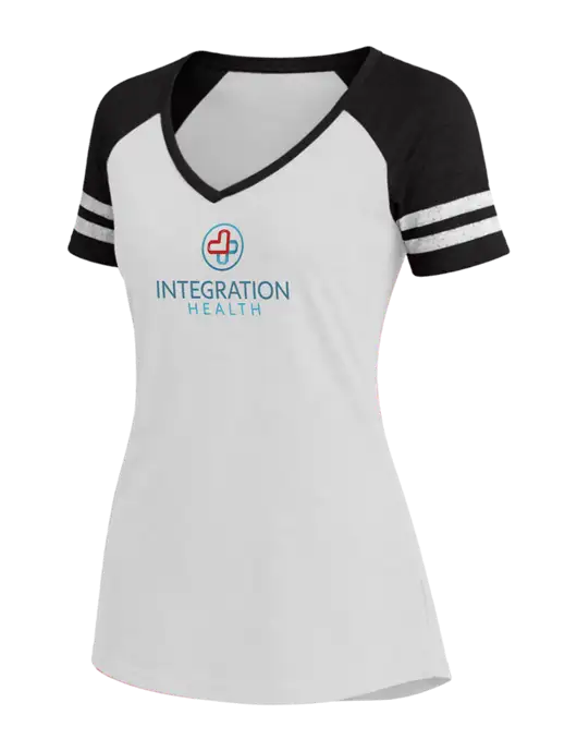 Womens White/Black V-Neck Game Tee w/Integration Health Logo
