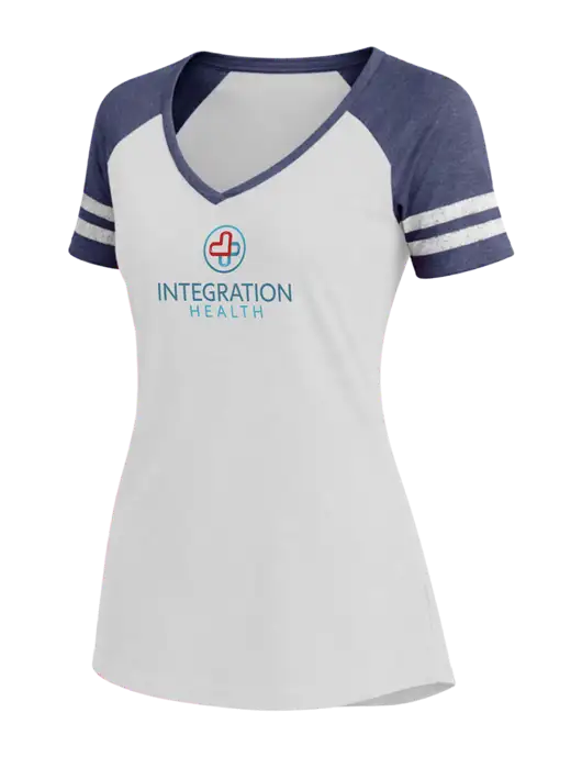 Womens White/Navy Heather V-Neck Game Tee w/Integration Health Logo