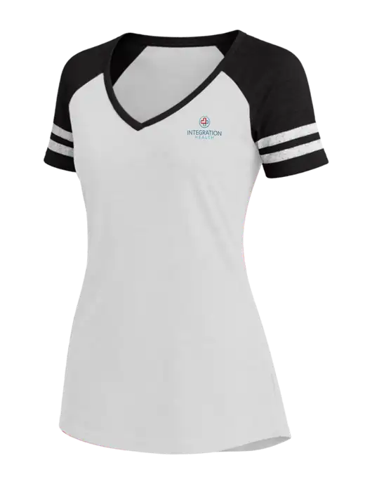 Womens White/Black V-Neck Game Tee w/Integration Health Logo