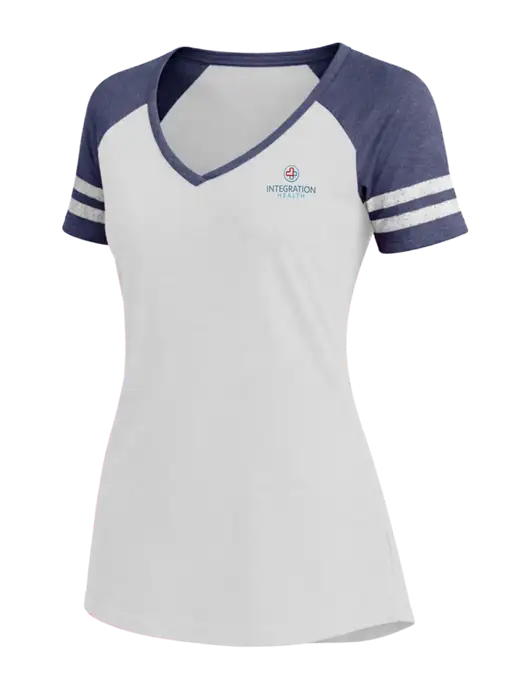 Womens White/Navy Heather V-Neck Game Tee w/Integration Health Logo