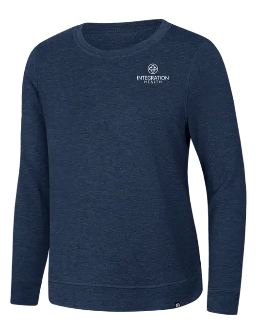 TravisMathew Womens Dark Slate Blue Heather Lightweight Long Weekend Crew w/Integration Health Logo