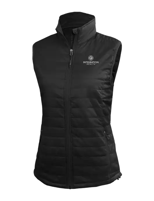 Womens Packable Black Puffy Vest w/Integration Health Logo