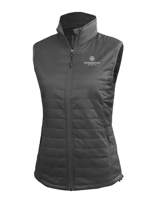 Womens Packable Dark Grey Puffy Vest w/Integration Health Logo