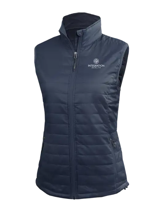 Womens Packable Navy Puffy Vest w/Integration Health Logo